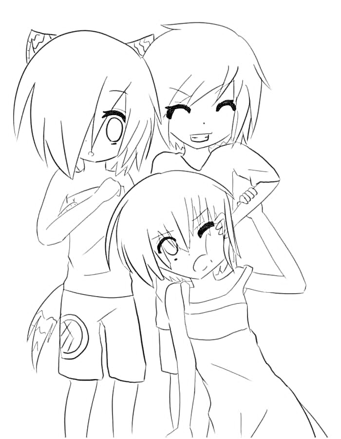 Раскраска Три аниме персонажа, один с кошачьими ушами и хвостом, двое других обнимаются и смеются, один персонаж выглядит удивленным.