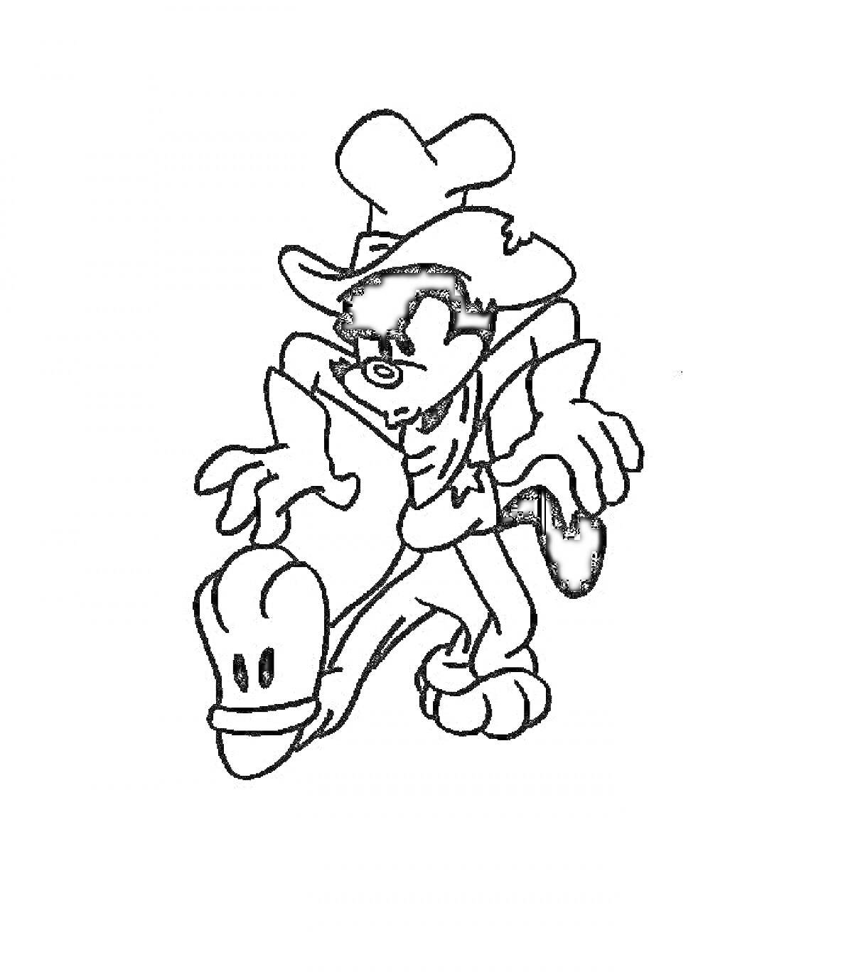 Раскраска Персонаж в шляпе, перчатках и ботинках с капюшоном