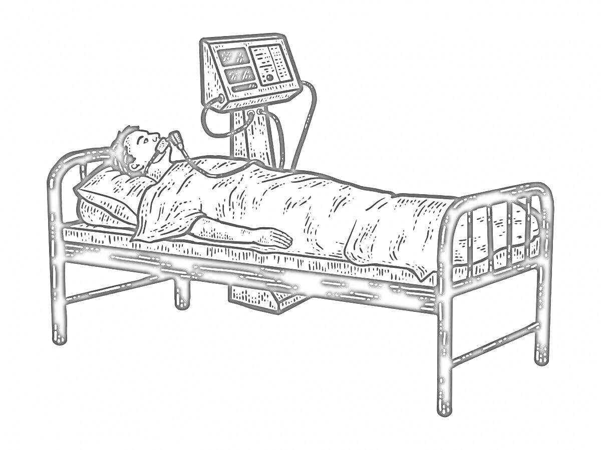 Раскраска Пациент после инсульта в больничной кровати с подключенным монитором