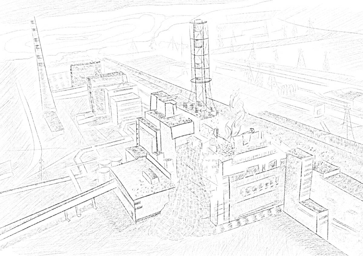 Раскраска Чернобыльская атомная электростанция с разрушенным реакторным блоком и окружающими строениями, трубами и линиями электропередач