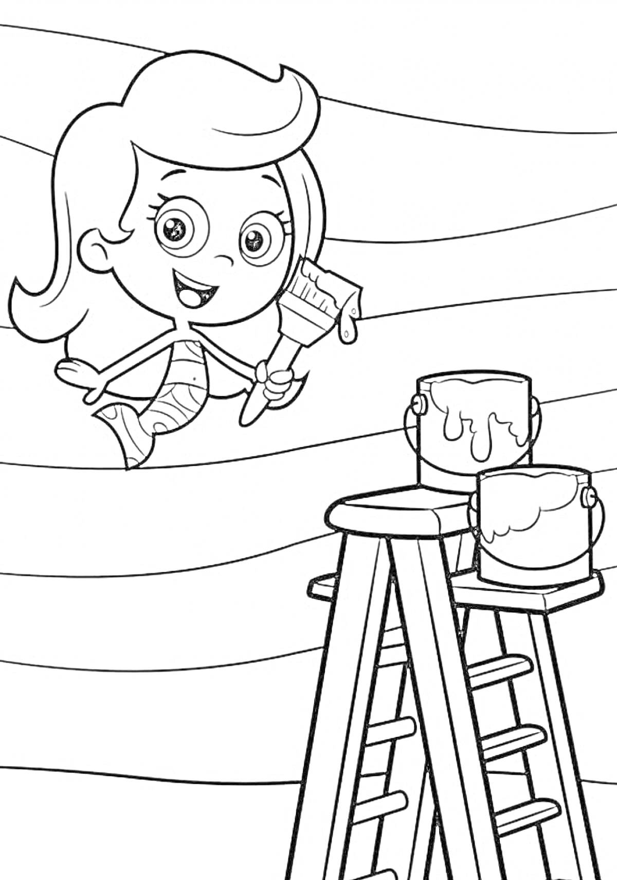 Раскраска Мальчик-гуппи с кисточкой, банками краски и лестницей