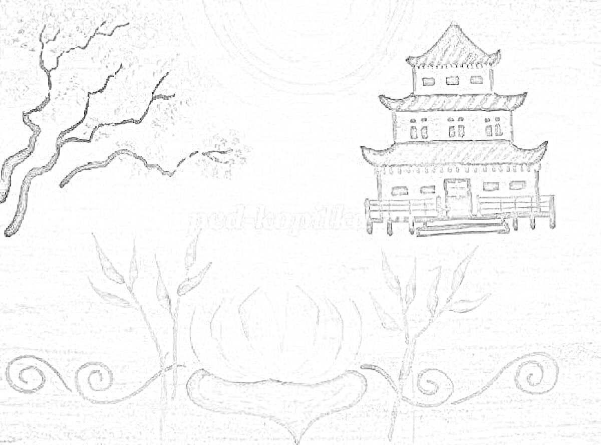 На раскраске изображено: Замок, Цветок лотоса, Солнце, Восход солнца, Традиционная архитектура, Природа, Япония