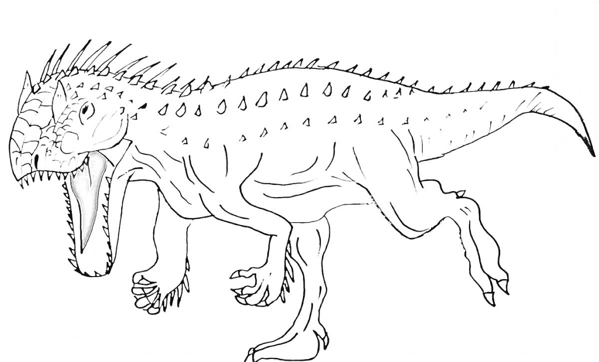Раскраска Индоминус Рекс с открытой пастью и выступающими шипами на спине, вид сбоку