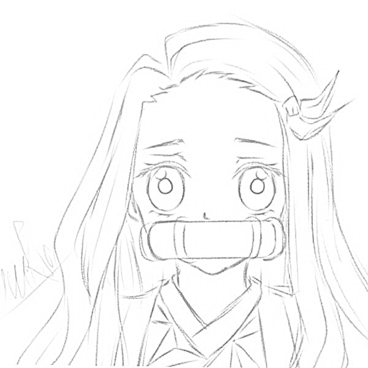 Раскраска Недзуко с длинными волосами и кимоно с бамбуковой маской