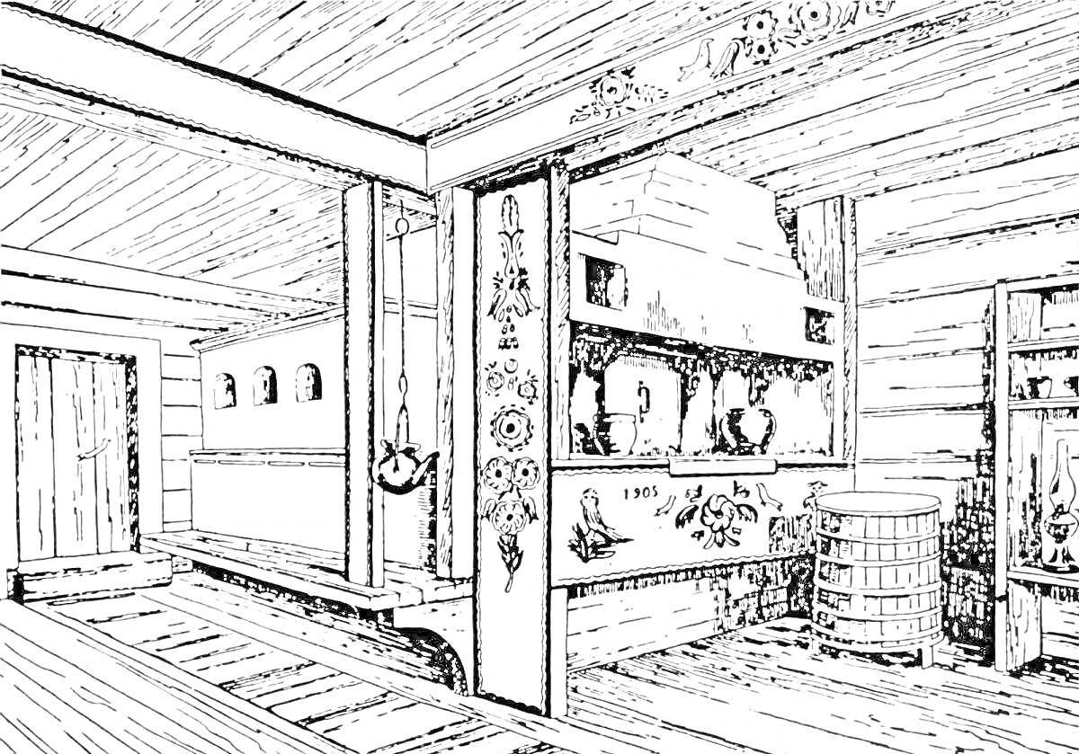 Раскраска Русская изба внутри с печью, дверью, полками, посудой и деревянными элементами