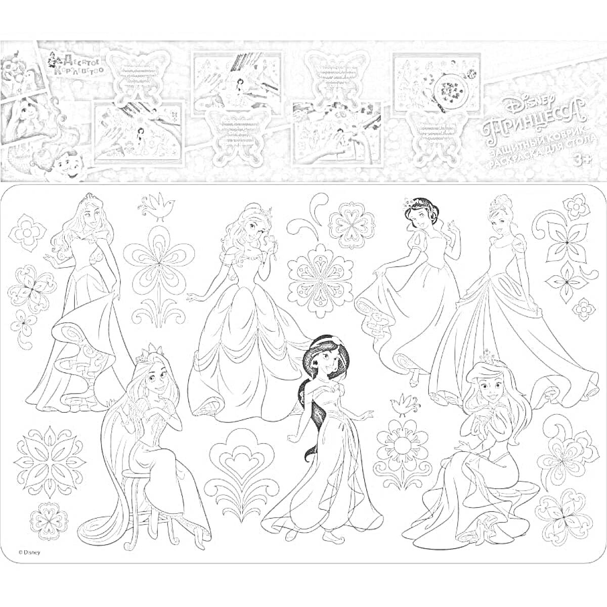 Раскраска Раскраска с изображением всех принцесс Диснея в окружении цветов и узоров