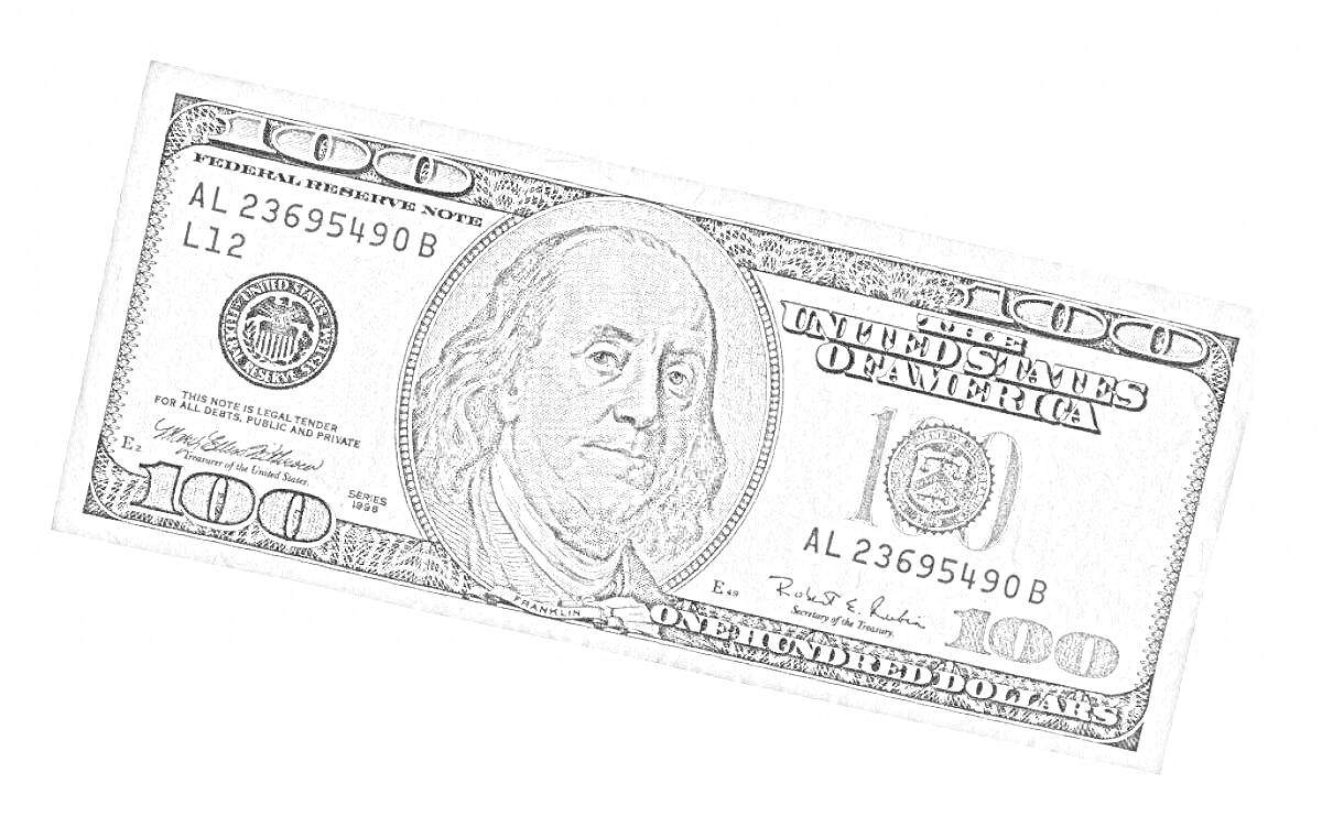 На раскраске изображено: Банкнота, Доллар, 100 долларов, Деньги, Текст, Америка