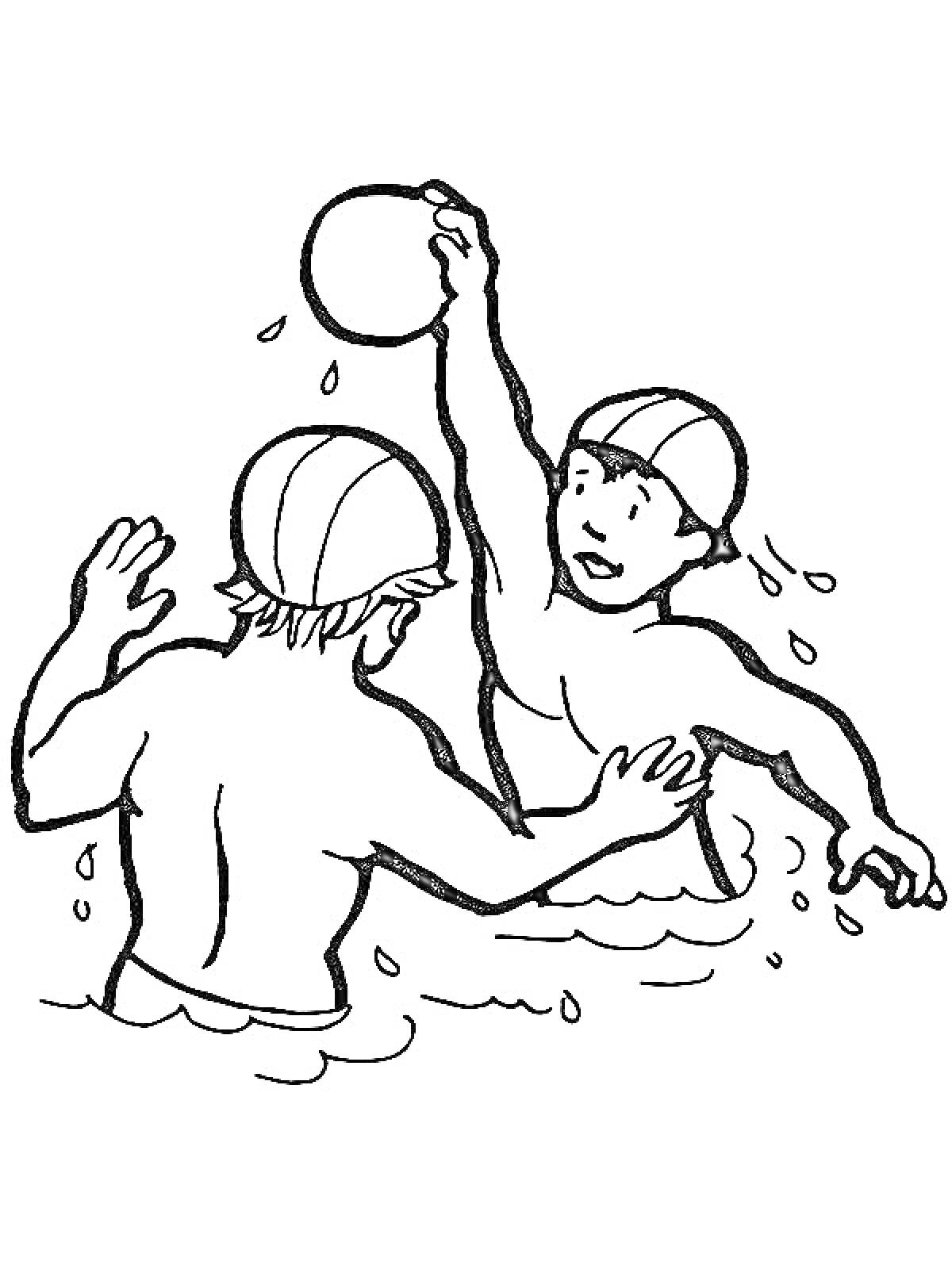 Два человека играют в водное поло, один кидает мяч, оба в воде и в шапочках
