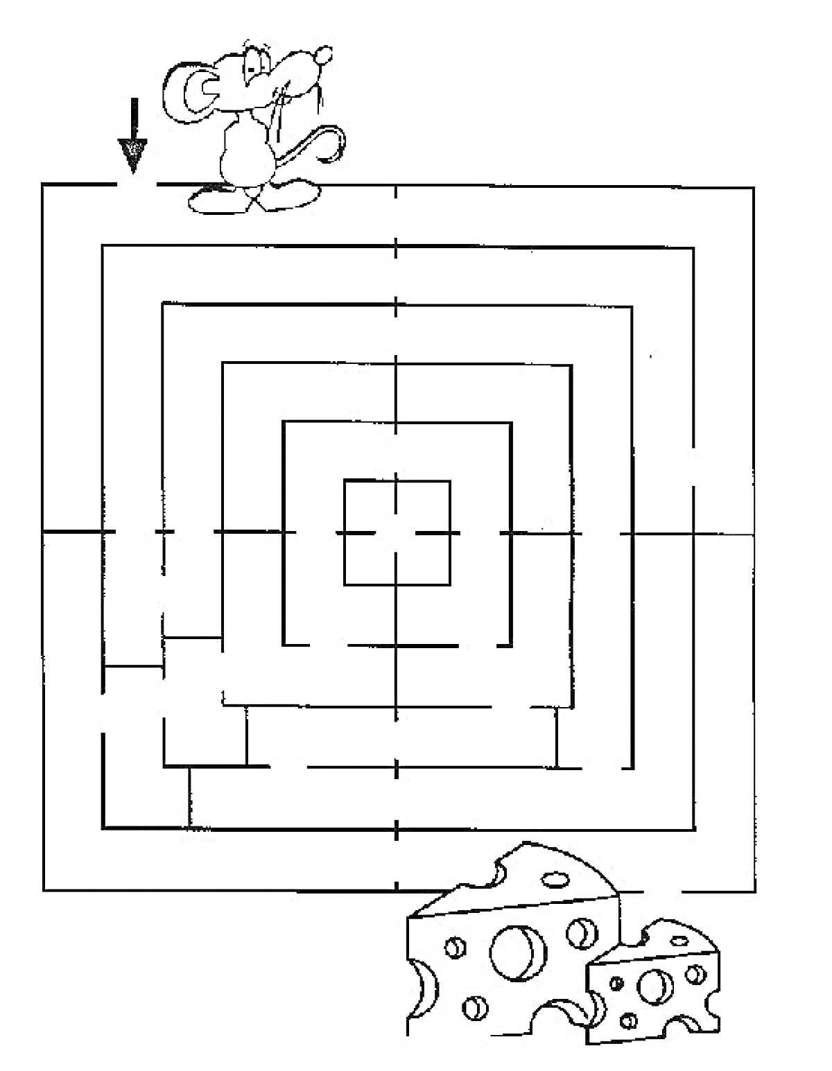 Раскраска Лабиринт с мышкой и кусками сыра
