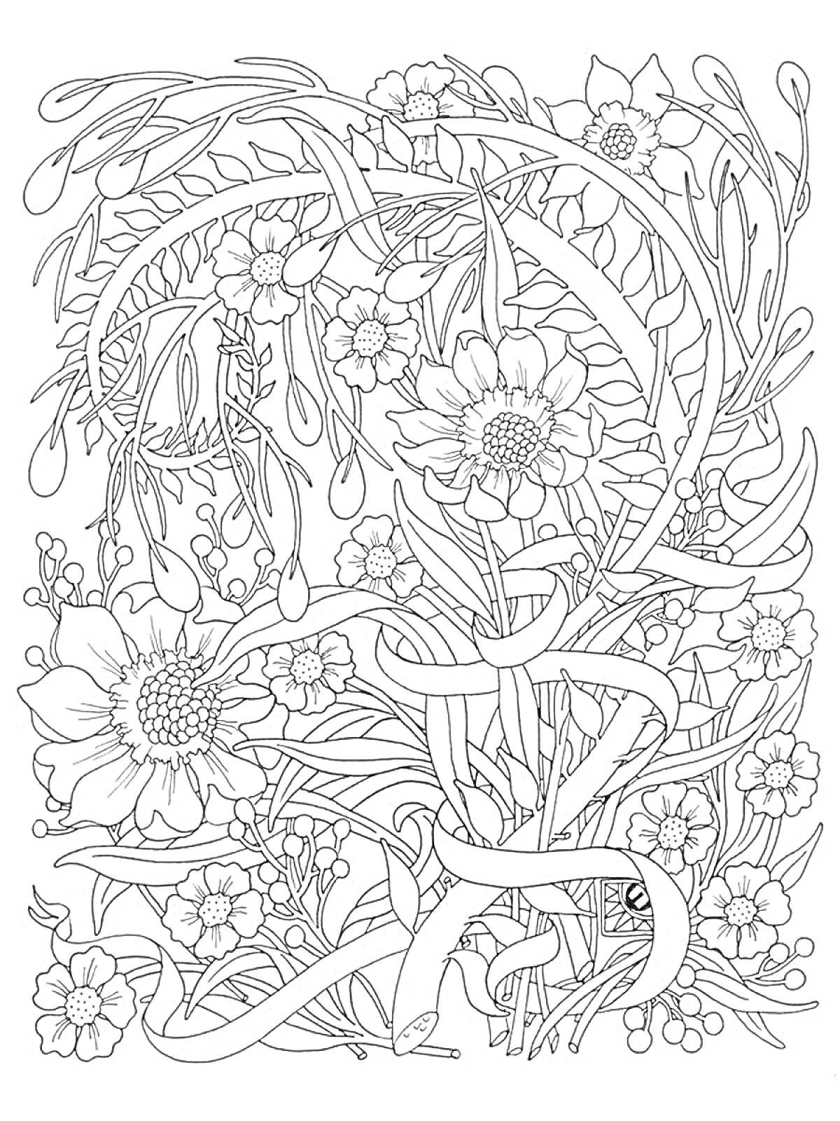 Раскраска Цветы с лентами среди трав и листьев