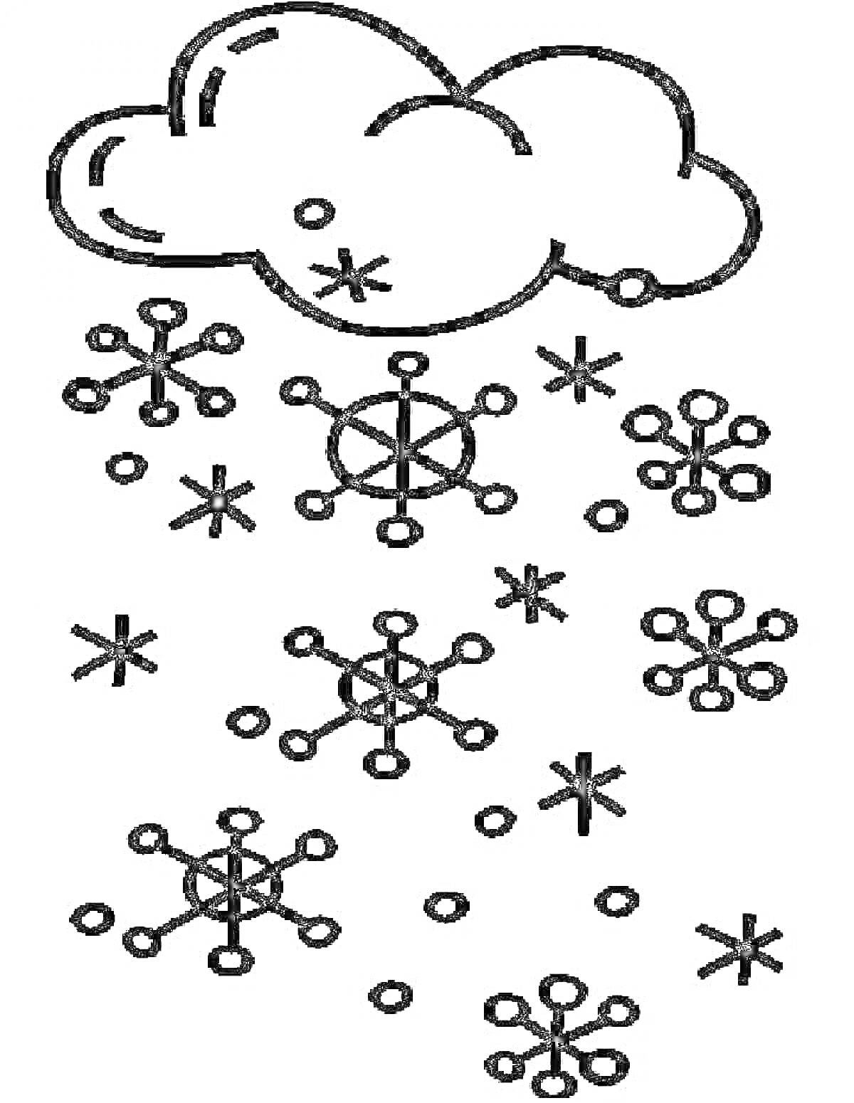На раскраске изображено: Снегопад, Снежинки, Зима, Облака