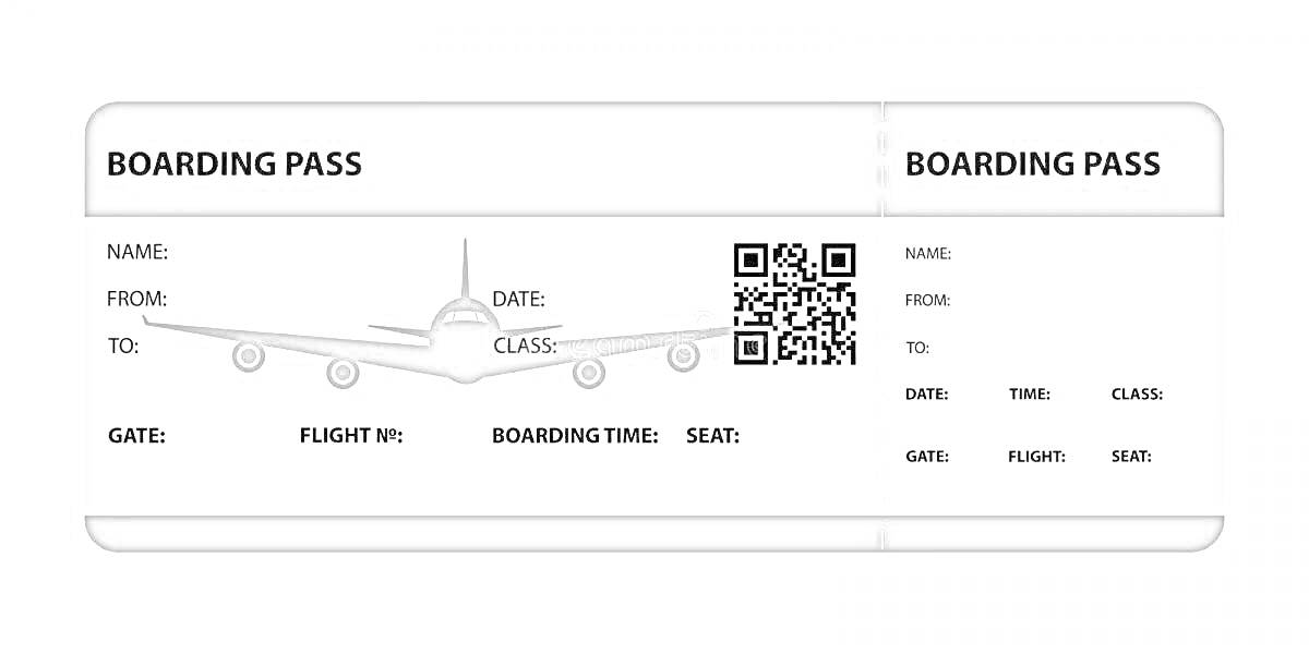 Раскраска Авиабилет с самолетом, местами для имени, пункта отправления, пункта назначения, даты, ворот, номера рейса, времени посадки, QR-кода и номера места