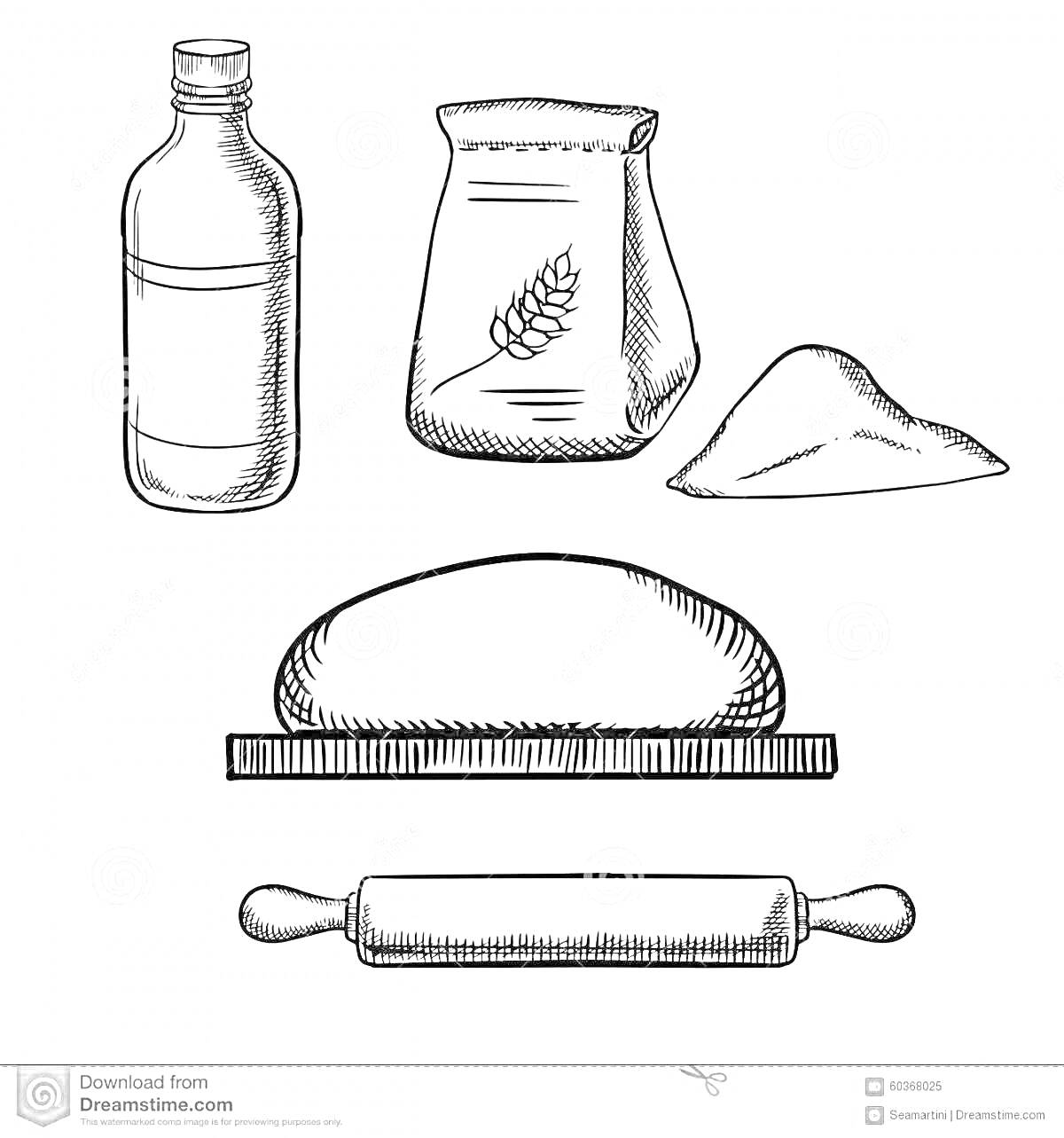 На раскраске изображено: Бутылка, Мешок с мукой, Тесто, Доска, Скалка, Выпечка, Кулинария, Ингредиенты