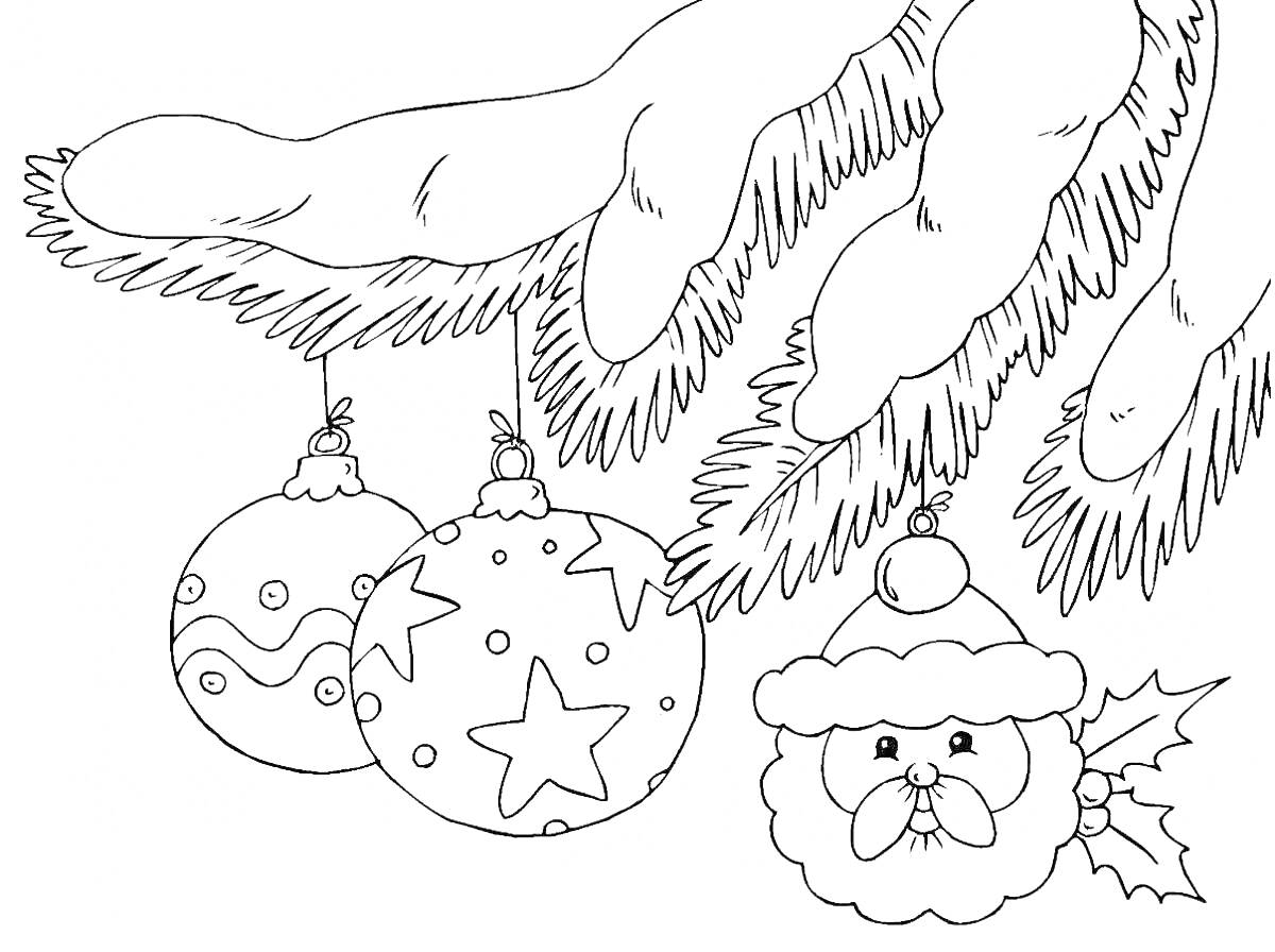 Раскраска Новогодние украшения на елочной ветке с двумя шариками и лицом Деда Мороза