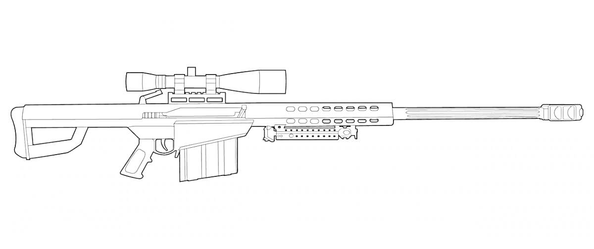 Раскраска Снайперская винтовка с телескопическим прицелом и магазином