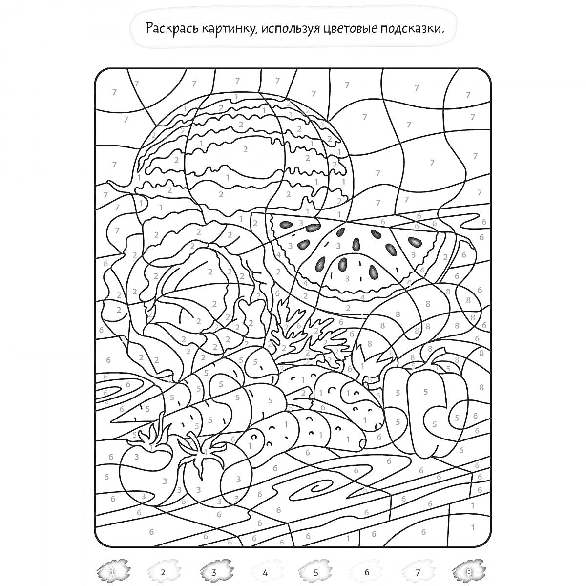 Раскраска Натюрморт с фруктами и овощами, арбуз, виноград, бананы, капуста, лимоны, помидоры