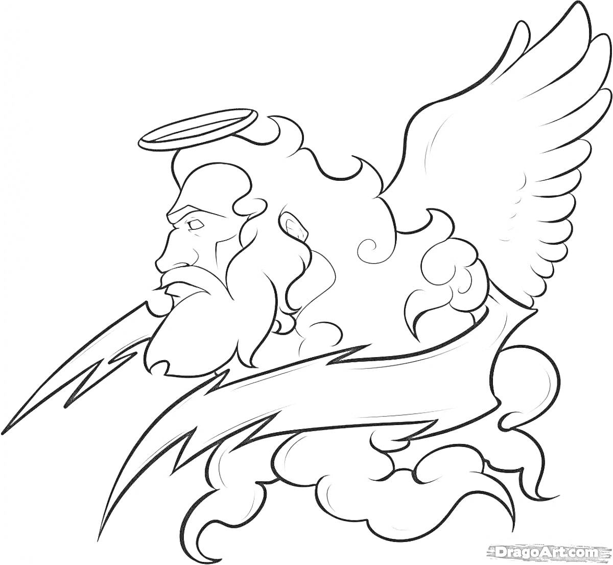 Раскраска Портрет Перуна с крыльями, молниями и облаками