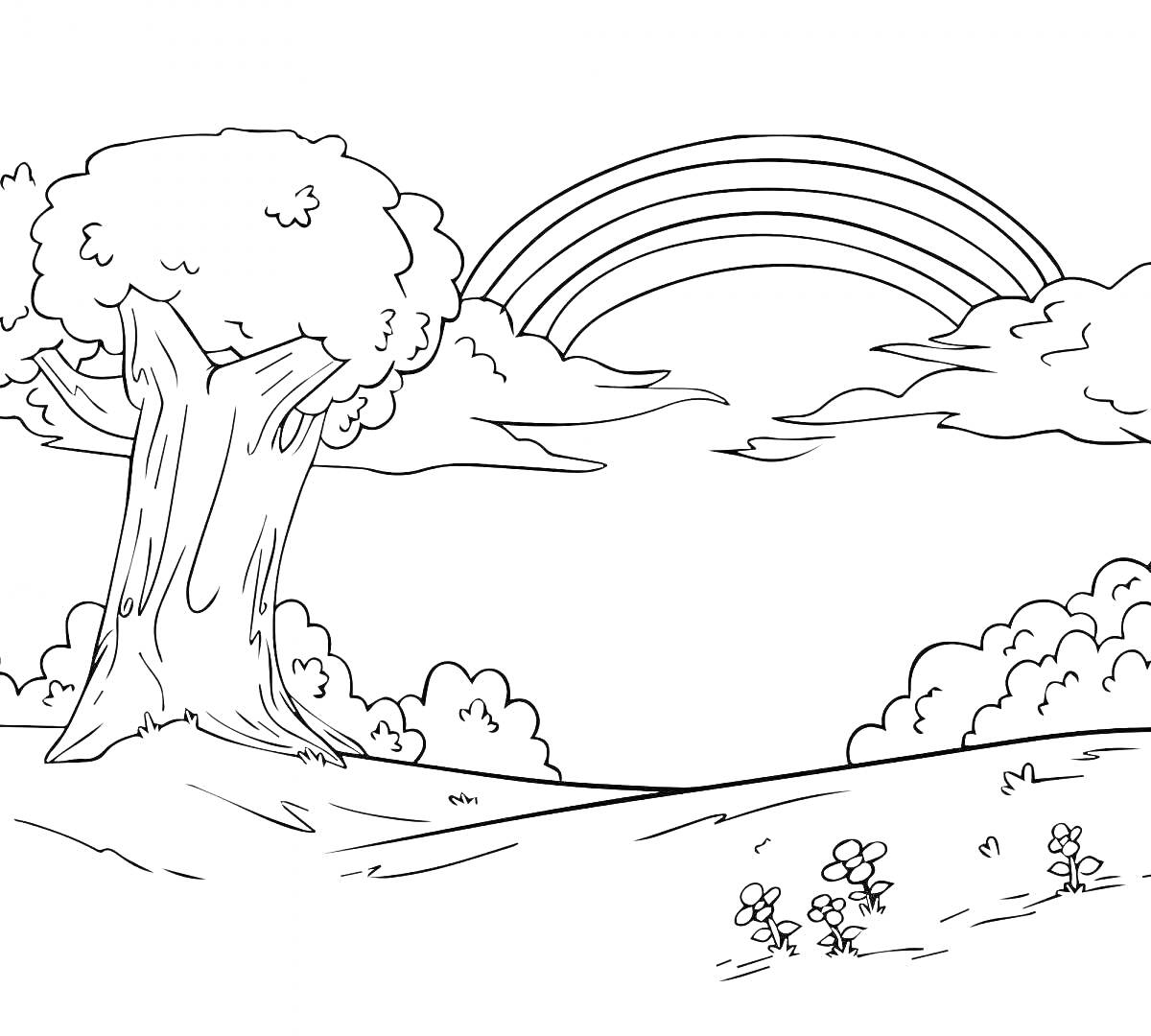 Раскраска Большое дерево, радуга, кусты, облака и цветы на поляне