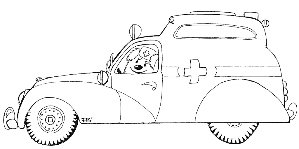 Раскраска Старая машина скорой помощи с медведем за рулём и крестом на боку