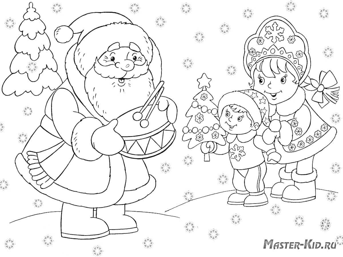 На раскраске изображено: Дед Мороз, Зимняя одежда, Барабан, Новогодняя елка, Снег, Снежинки, Новый год, Зима