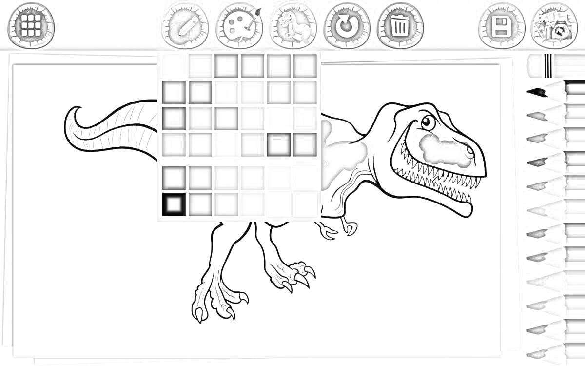 Раскраска динозавра с меню выбора цветов и карандашами