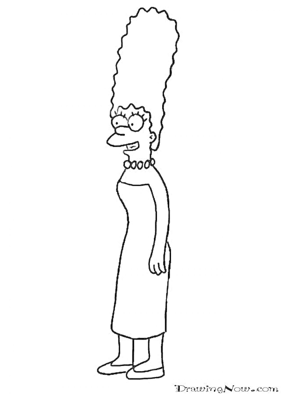На раскраске изображено: Мардж Симпсон, Симпсоны, Персонаж, Платье, Бусины