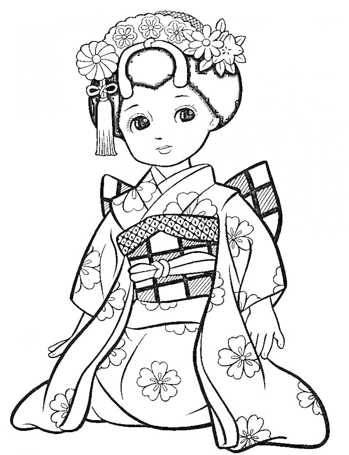 На раскраске изображено: Япония, Девочка, Кимоно, Традиционная одежда, Цветы