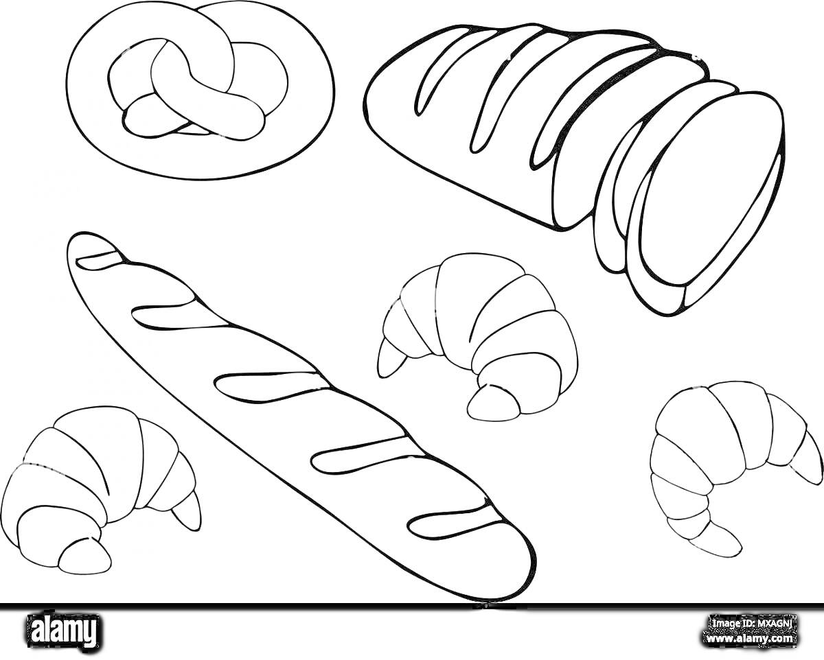 Раскраска Крендель, багет, булка в нарезке, круассаны