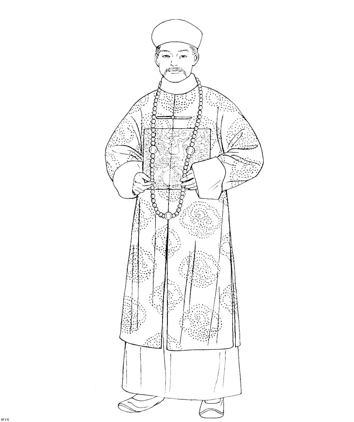 Раскраска Мужчина в традиционном китайском костюме с шапкой, узорчатым халатом и бусами