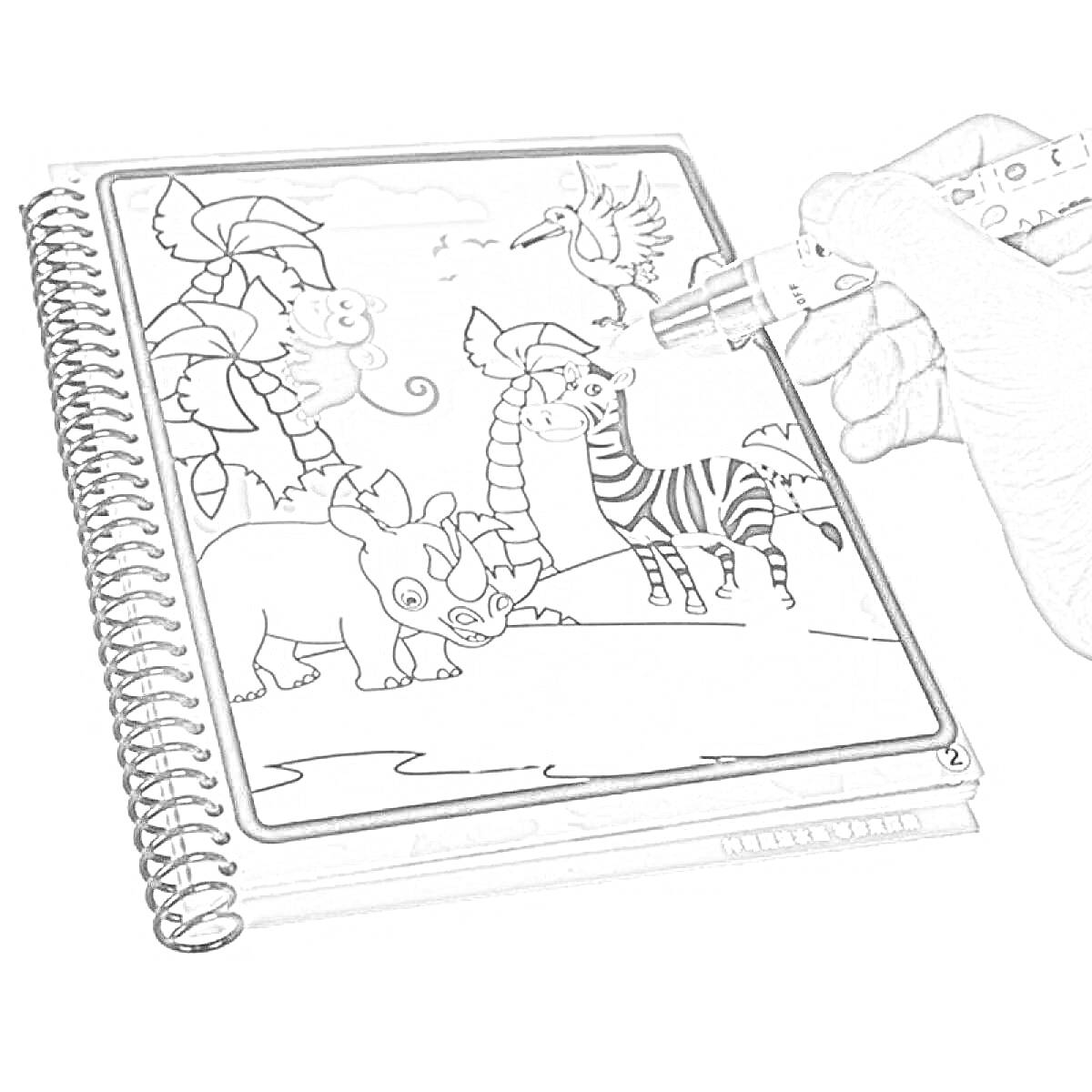 Раскраска Раскраска с водным маркером - обезьяна на пальме, зебра, носорог, птица