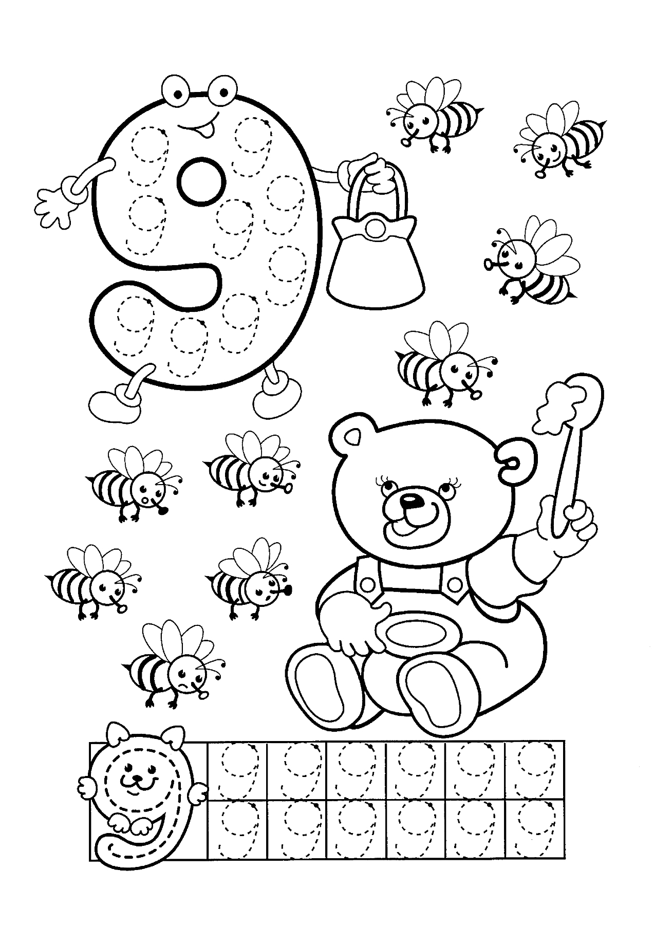 На раскраске изображено: Цифра 9, Пчёлы, Медведь, Кот, Учеба