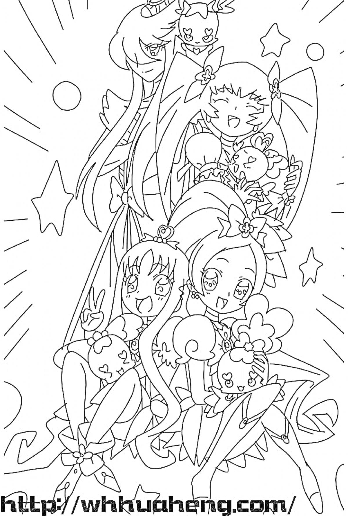 На раскраске изображено: Precure, Аниме, Звезды, Команда