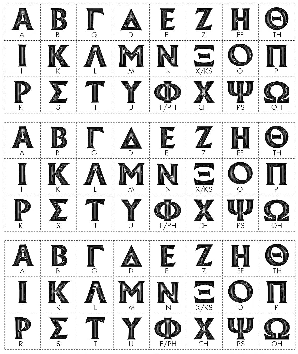 Греческий алфавит - раскраска с указанием английских эквивалентов для каждой буквы