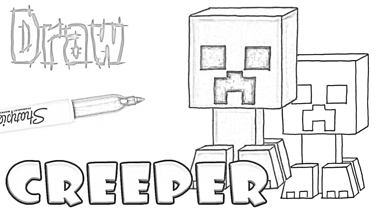 Крипер из Minecraft с маркером Sharpie и надписью 