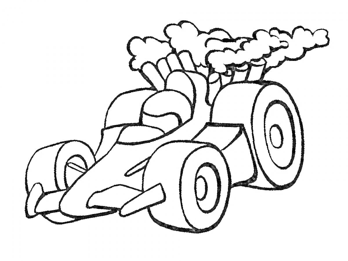 Раскраска Гоночная машина с водителем и дымом из выхлопных труб