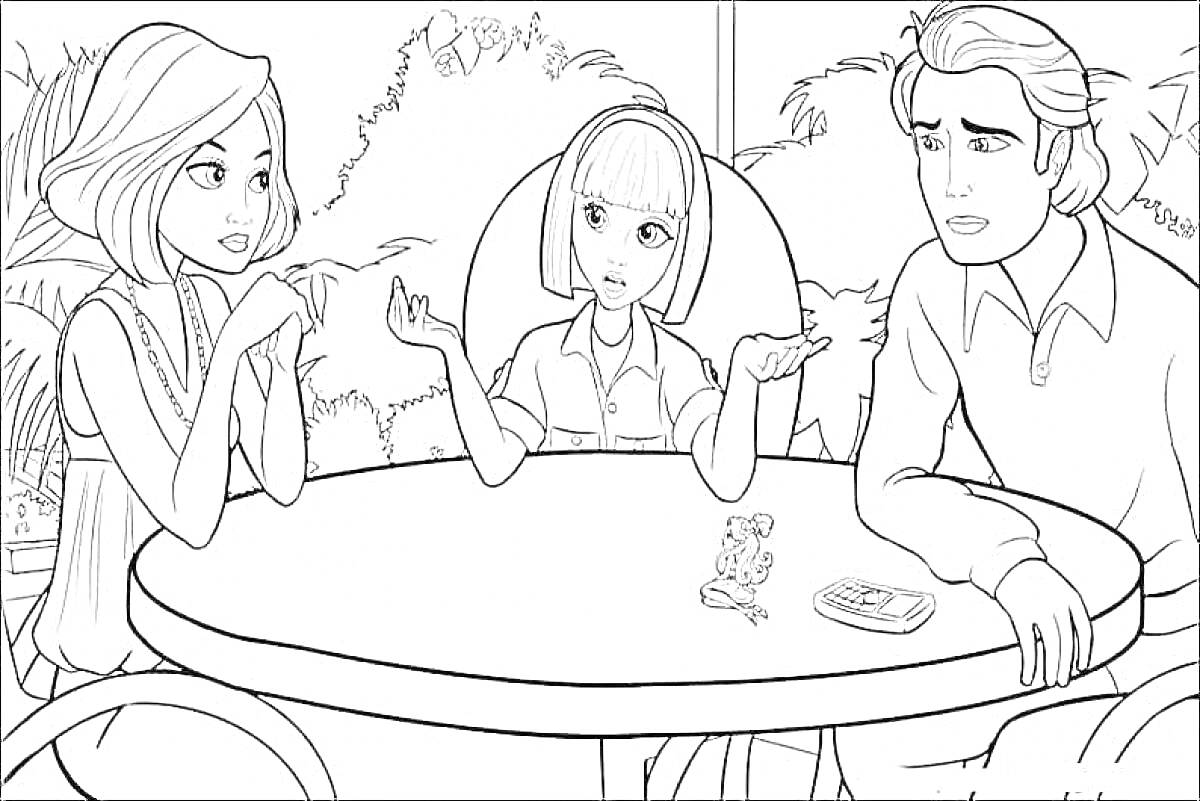 Раскраска Трое людей за круглым столом, обсуждающие что-то, карты на столе, кусты на заднем плане
