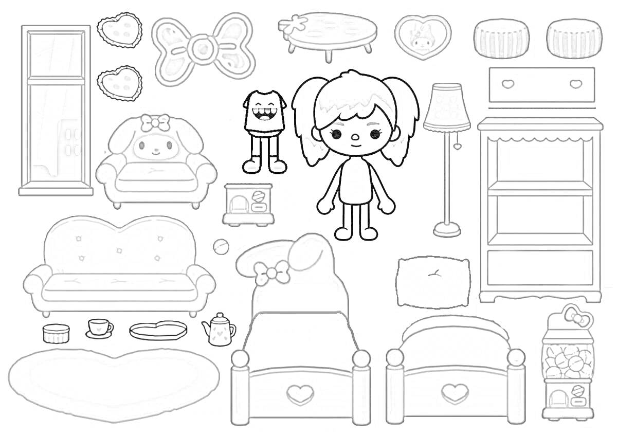 Раскраска Мебель для бумажного домика: диван, окно, ковер-сердце, чайник и чашки, журнальный столик, браслеты, подушка, кровати, тумбочка, тумба, лампа, рамка