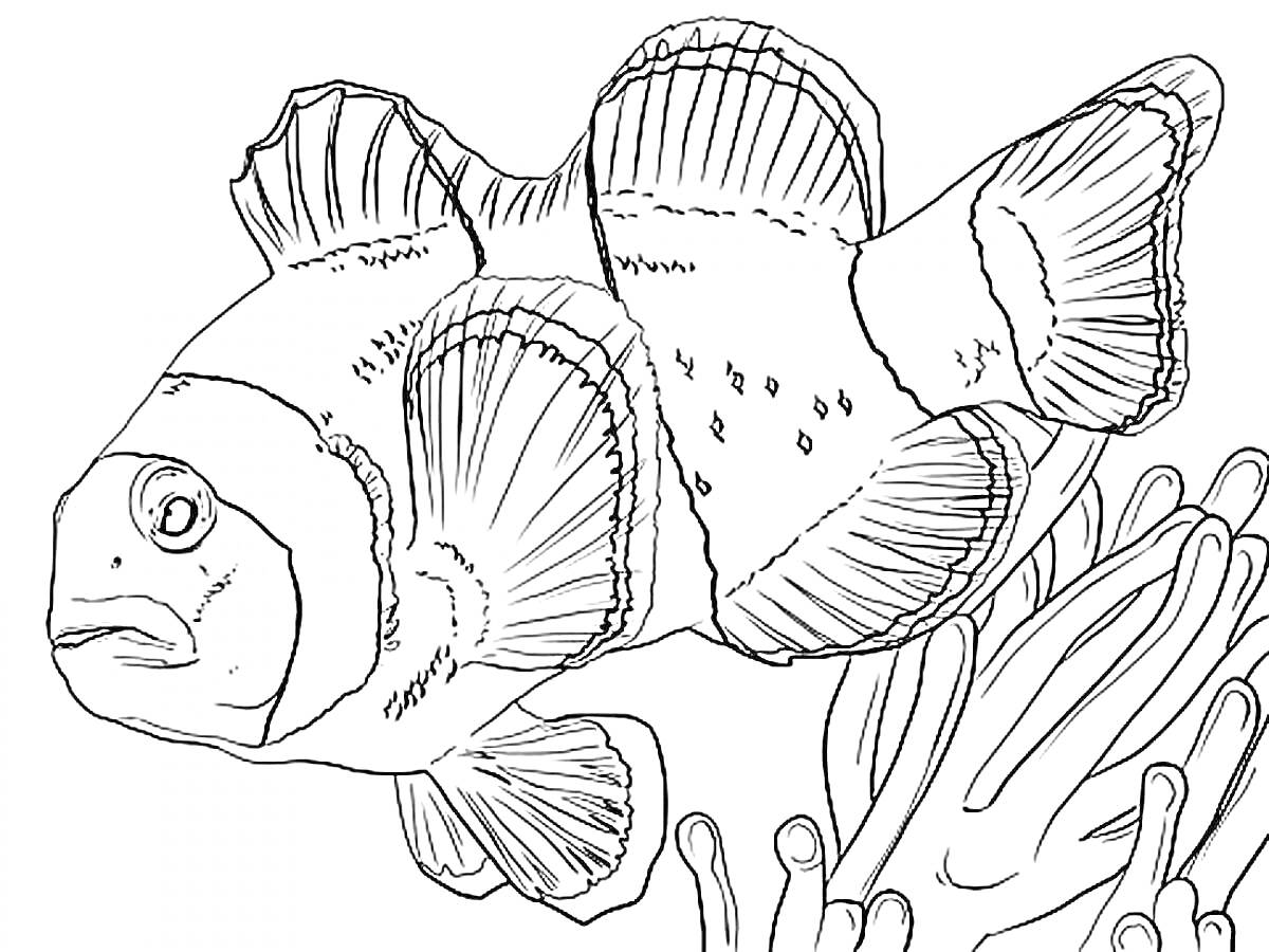 Раскраска с изображением рыбы-клоуна и кораллов