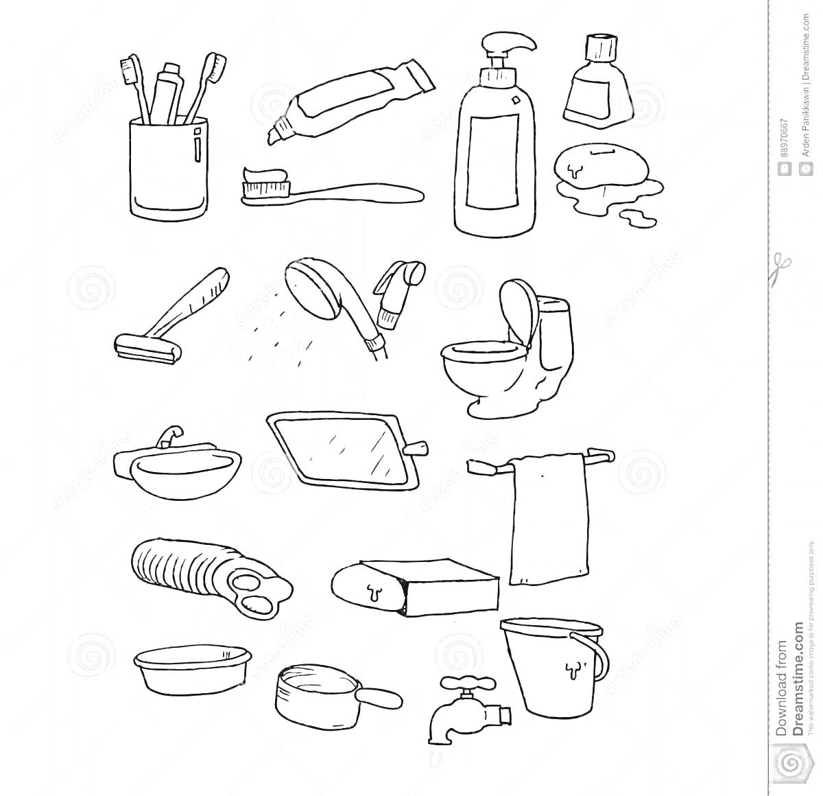 Раскраска Ванные принадлежности: держатель для зубных щеток, зубная щетка, паста, мыльница с мылом, бутылка с жидким мылом, бутылка с лосьоном, одноразовая бритва, держатель для душа, туалет, раковина, зеркало, полотенце, набор шлангов, мочалка, полотенцедержатель,