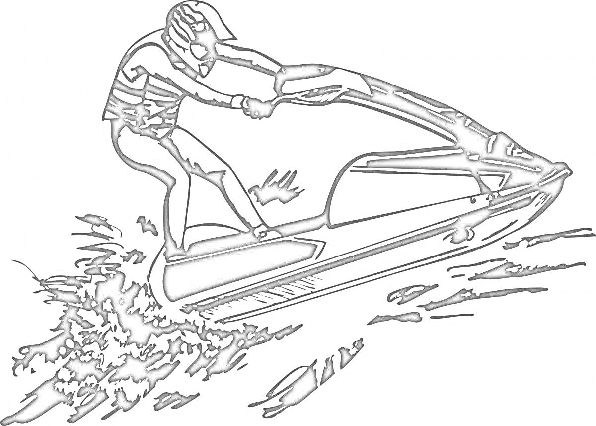 На раскраске изображено: Гидроцикл, Человек, Спасательный жилет, Вода, Волны, Спорт, Экстремальный спорт