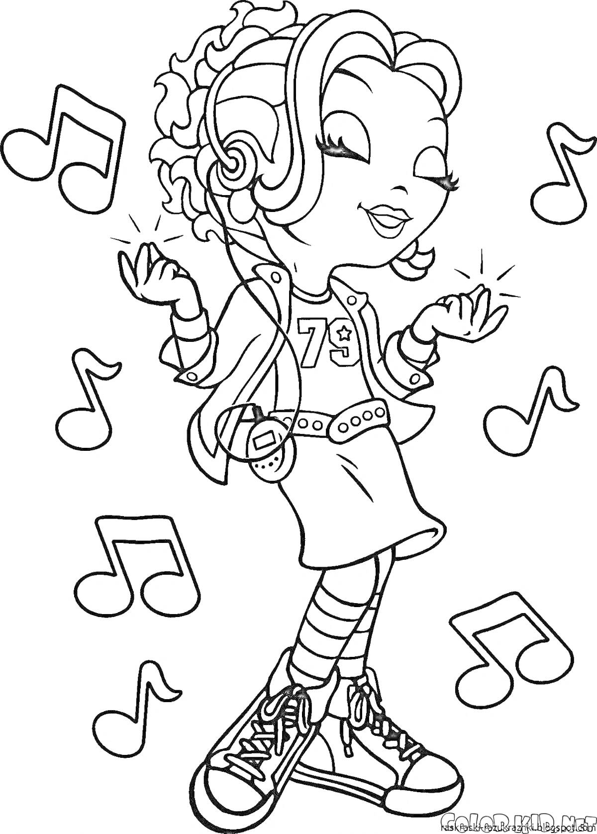 На раскраске изображено: Девочка, Кудрявые волосы, Наушники, Майка, Музыка, Ноты, Кроссовки
