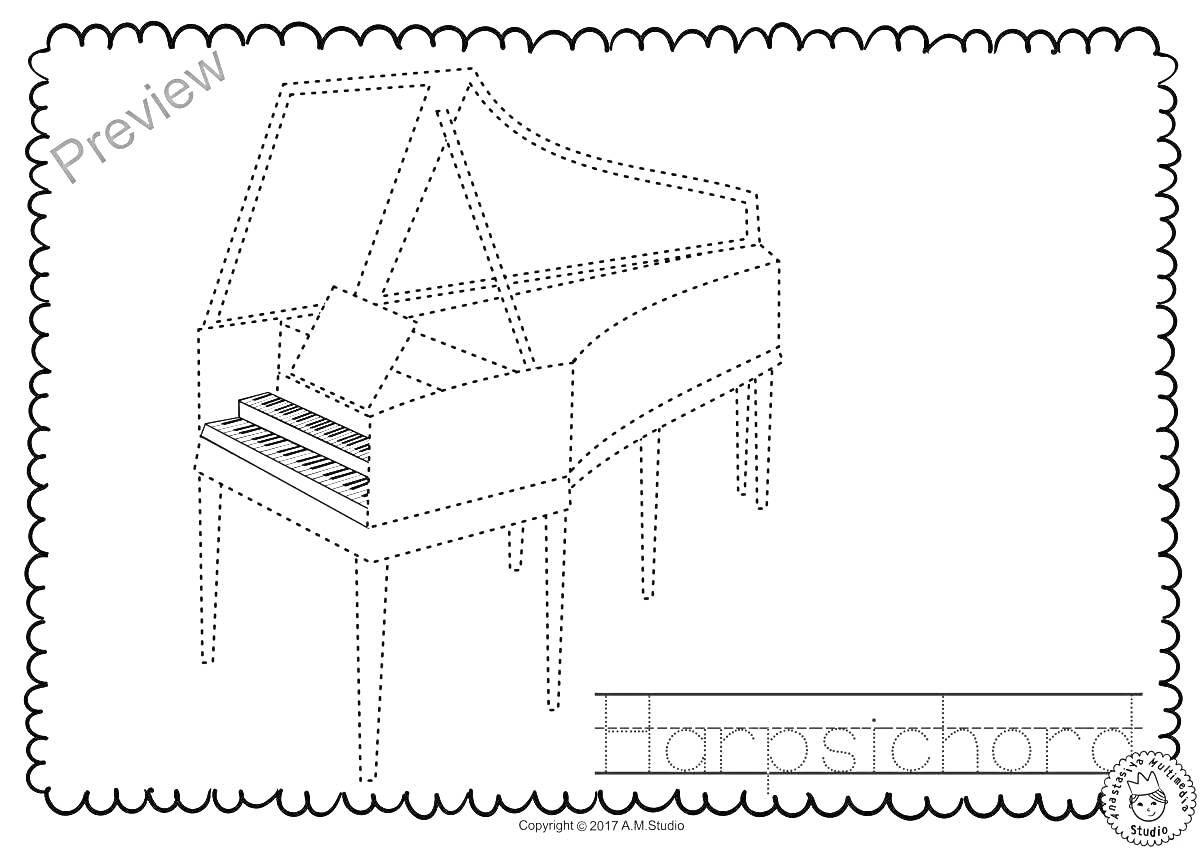 Раскраска Контур изображения клавесина с крышкой и ножками в виде фортепиано в рамке с волнистыми краями