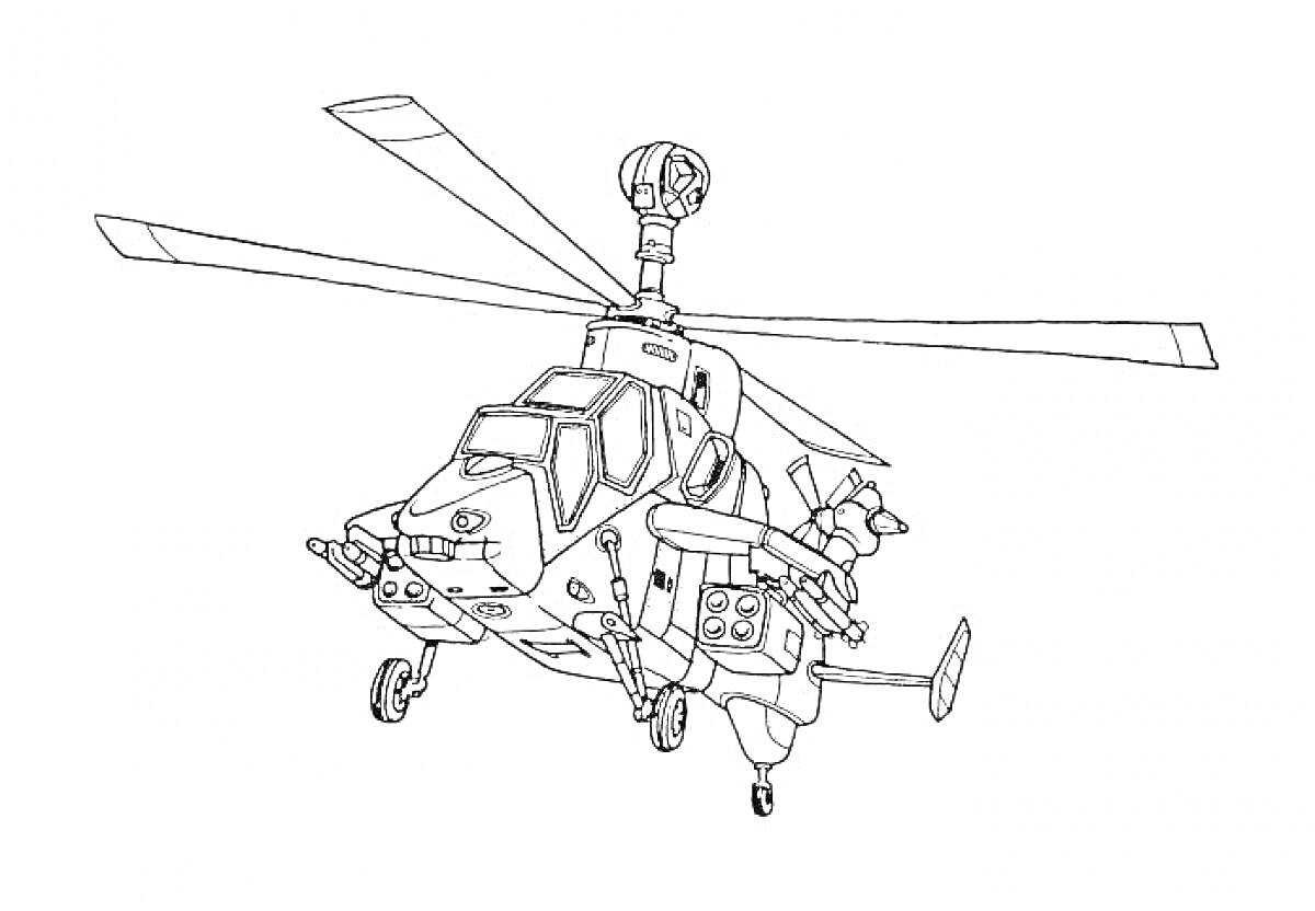 Военный вертолет с винтами, передним колесом, кабиной пилота, расположенным на крыше радиолокационным дозором, оружием и хвостовым оперением