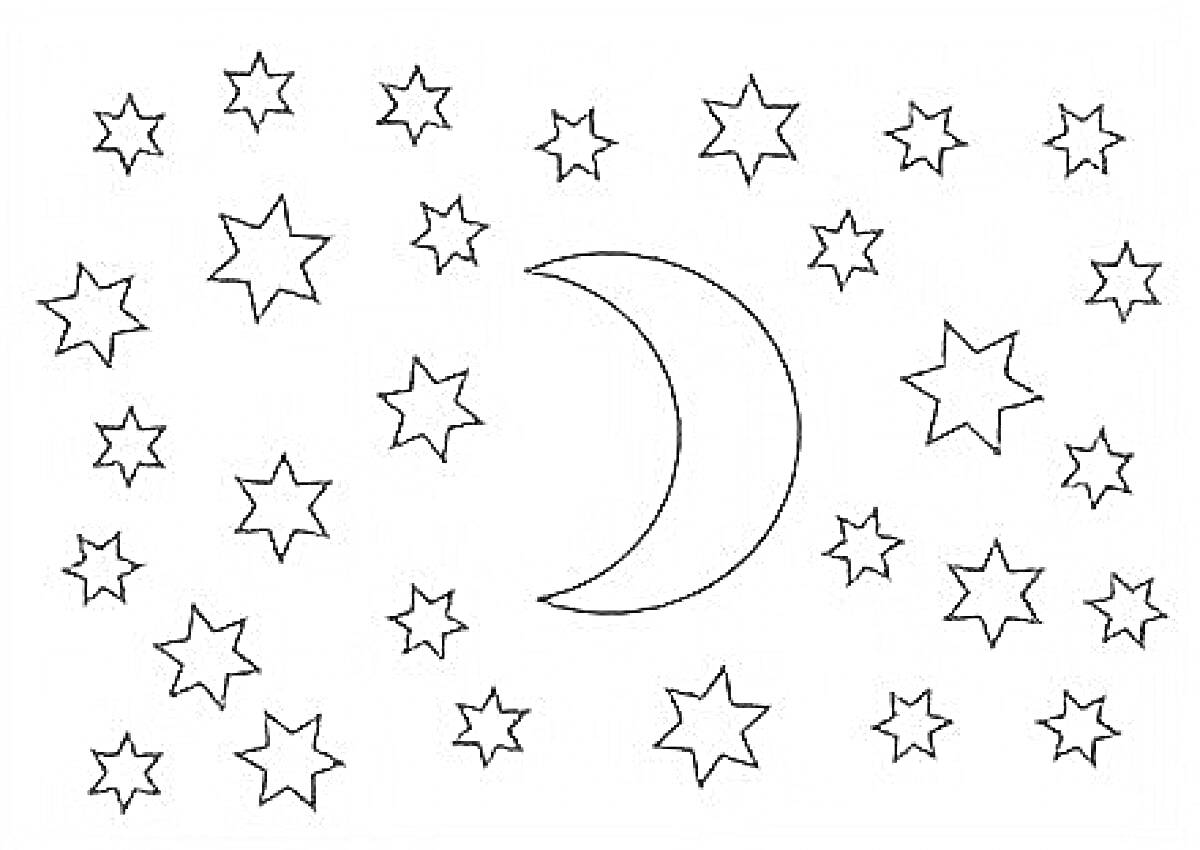 На раскраске изображено: Полумесяц, Звезды, Ночь, Небо