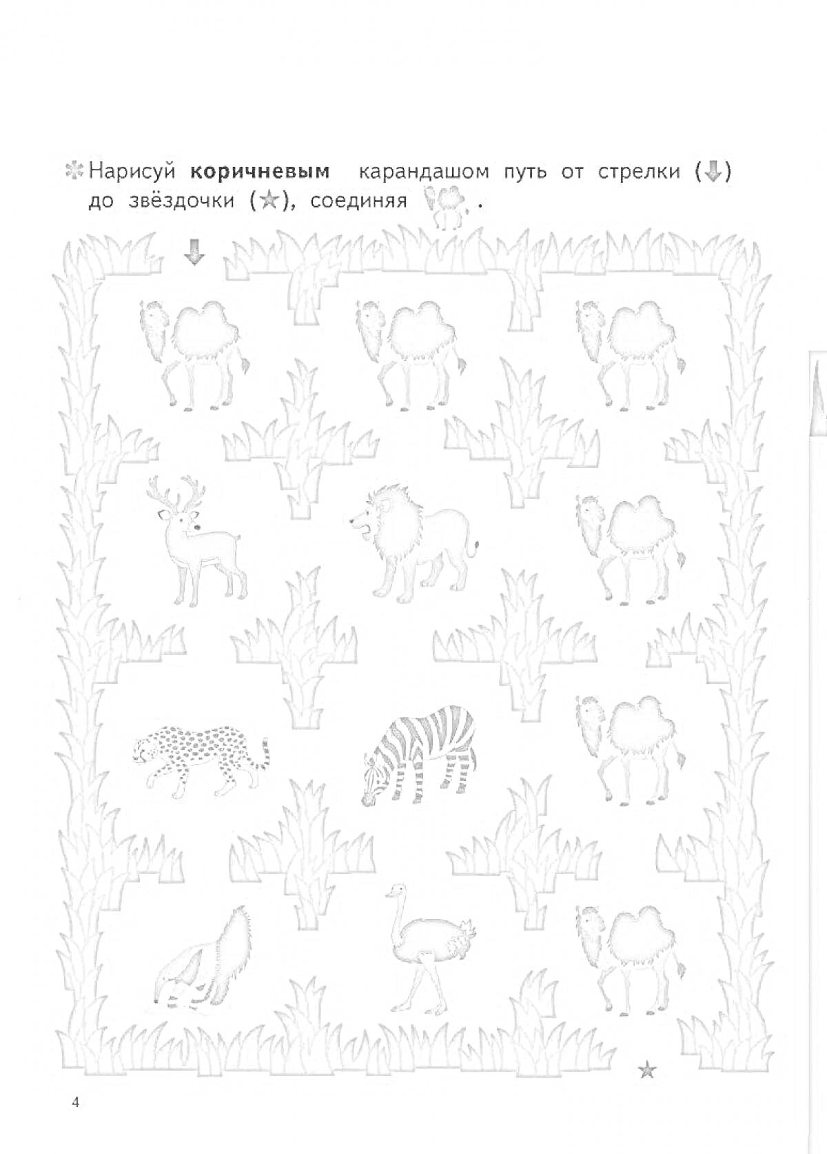 Раскраска Лабиринт с животными и камелами, оленем, львом, лошадью, леопардом, зеброй, лягушкой, страусом и козлом