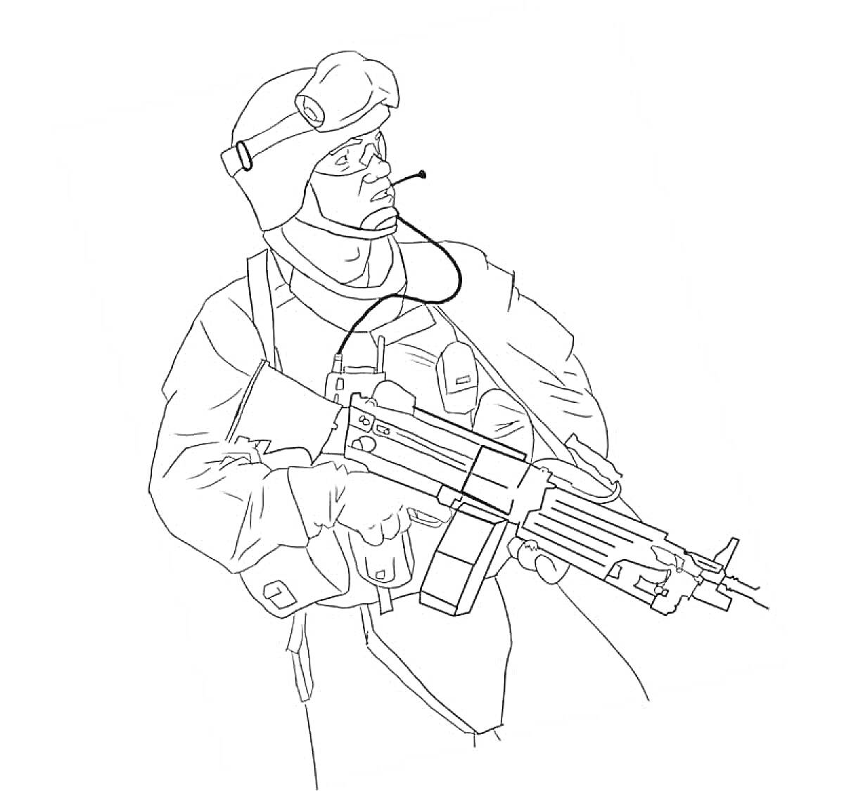 Раскраска Боец спецназа в шлеме с наушником и оружием