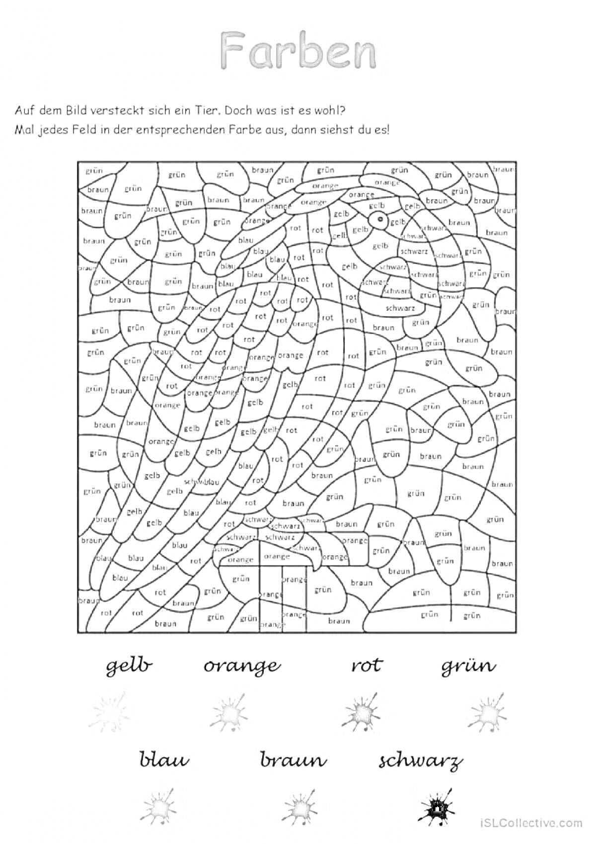РаскраскаРаскраска с изображением попугая и указанием цветов на немецком языке. Список цветов: gelb, orange, rot, grün, blau, braun, schwarz.