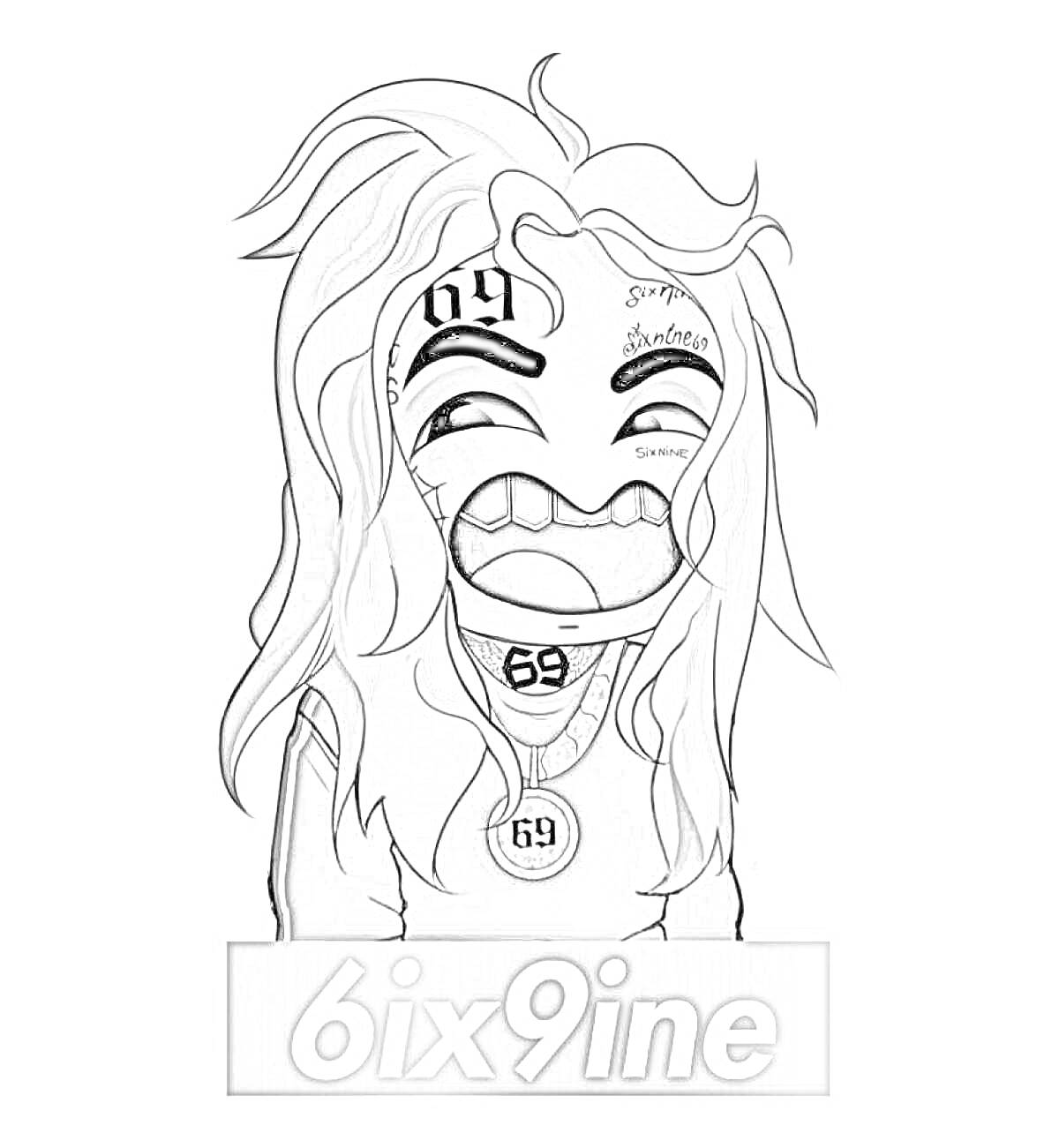 РаскраскаКарикатурный персонаж с длинными волосами, большими зубами, татуировками на лице и цепью с кулоном 