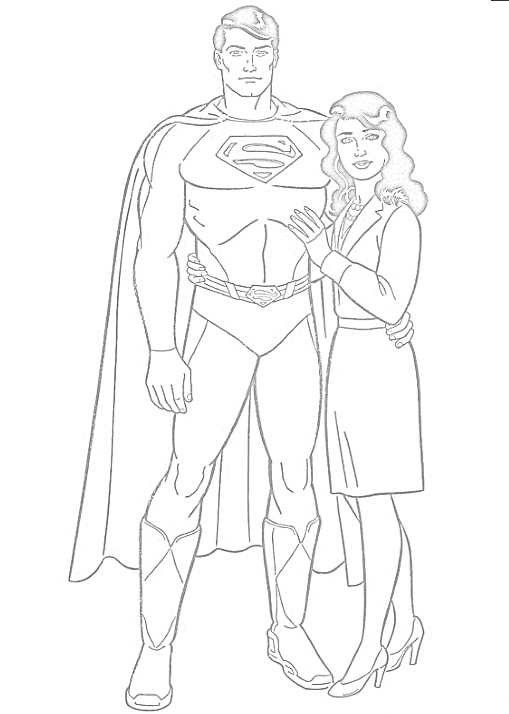 Супермен и женщина рядом с ним в платье и туфлях