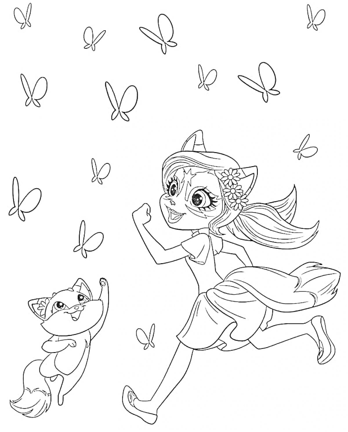 Раскраска Девочка с ушками и хвостом, бежит рядом с лисичкой, бабочки вокруг